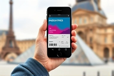 Smartphone museum pass with Paris landmarks background