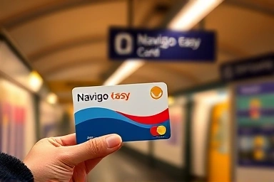 Paris Navigo Easy card in hand, Metro map background.