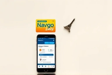 Paris travel essentials: Navigo card, smartphone, Eiffel Tower souvenir.
