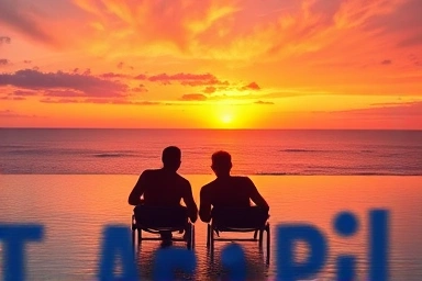Romantic sunset view from a luxury infinity pool hotel.