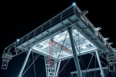Pohang Spacewalk illuminated structure, night photography, light and shadow, futuristic design