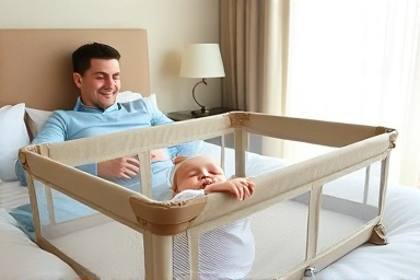 Baby sleeping peacefully in portable crib during travel.