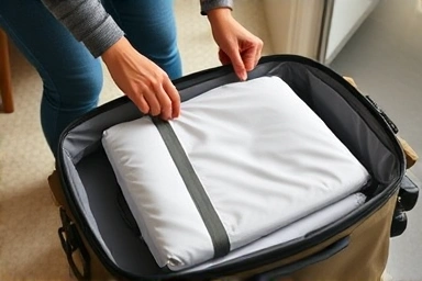 Parent packing compact portable baby crib for travel.