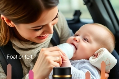 Parent keeping baby's bottle warm with portable warmer outdoors