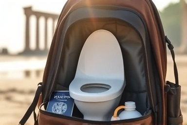 Traveler's backpack with portable bidet and passport.