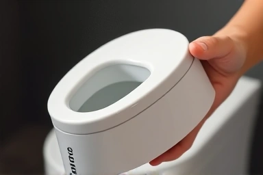 Close-up of hand holding portable bidet, showing design.