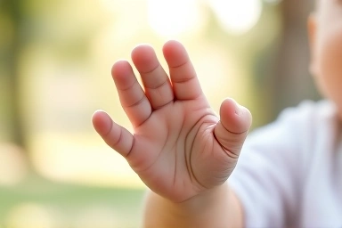 Baby's hand touching soft, eco-friendly wet wipe.