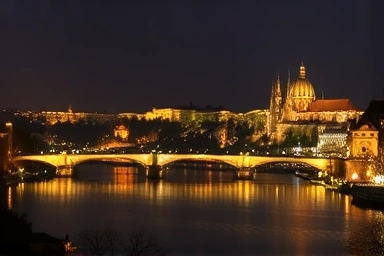 Magical Prague night skyline with Charles Bridge and Castle