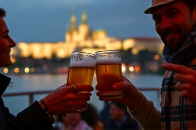 Romantic Prague night cruise with beer and cityscape