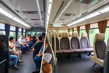 Contrast between standard and premium express bus seating.