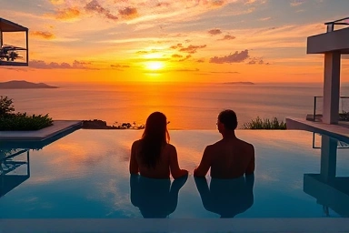 Couple relaxing in a luxurious private pool villa at sunset.