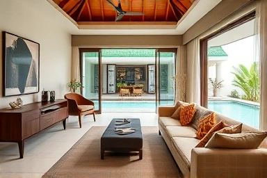 Interior of a cozy and modern private pool villa with amenities.