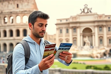 Traveler comparing Rome passes with landmarks