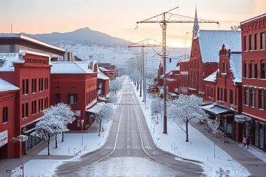 Snowy Sapporo winter cityscape with red brick buildings.