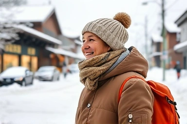 Cozy traveler in snowy Sapporo street