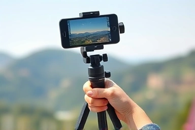 Person using extended selfie stick tripod for landscape photography