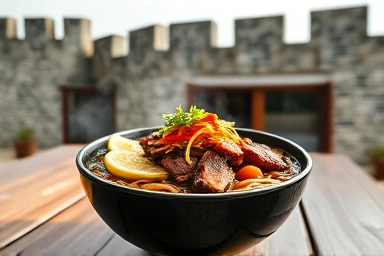 Steaming Jjajangmyeon with fortress background