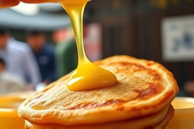 Crispy, buttery Korean hotteok close-up