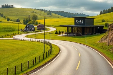 Scenic countryside road with a cafe in the distance.