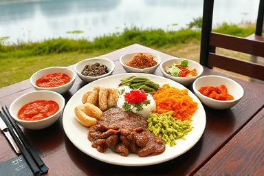 Delicious Korean meal with lake view, focus on fresh ingredients.