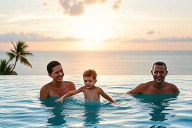 Family enjoying infinity pool at Shangri-La Tanjung Aru, sunset