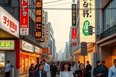 Vibrant Shinjuku street with accommodation options.