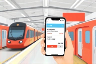 Modern train station, traveler with smartphone, cost savings