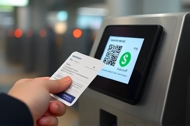 Train ticket scan, QR code, successful transaction, savings symbol