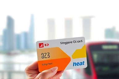Singapore EZ-Link card held by traveler with city skyline