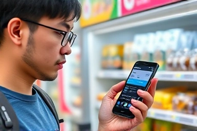 Traveler checking EZ-Link balance on phone, convenience store background