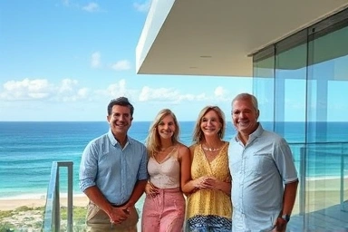 Family relaxing on resort balcony with panoramic ocean view