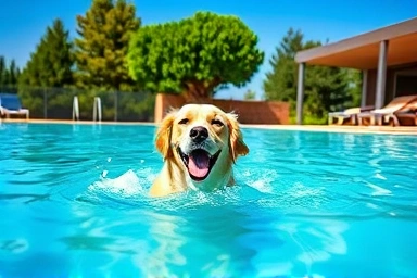 Happy dog swimming in a private pet-friendly pool at a pension.
