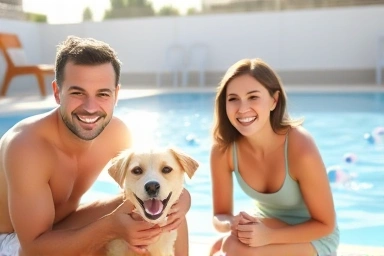 Family enjoying outdoor pool time with their dog at a pet-friendly resort.