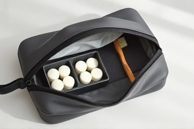 Minimalist travel bag with solid toothpaste and bamboo toothbrush.