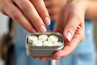 Hands packing solid toothpaste tablets into a travel tin.