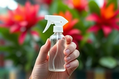 Travel-sized mosquito repellent spray bottle in tropical setting.