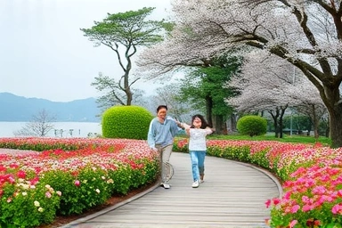 Family enjoying a walk in a beautiful, flower-filled garden