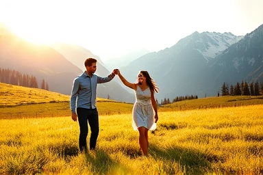 Couple in Swiss meadow, romantic honeymoon destination