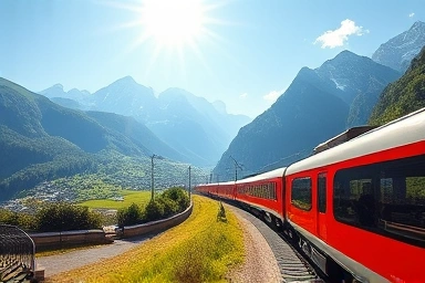 Swiss Alps panorama with a modern train, representing travel freedom.