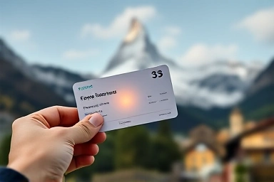 Hand holding a glowing Swiss travel pass with iconic landmarks.