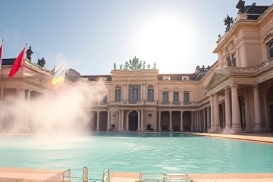 Majestic Szechenyi Thermal Baths exterior with rising steam