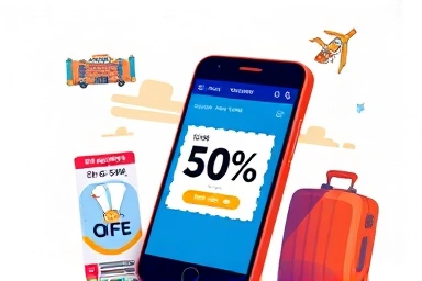 Smartphone app showing 50% travel discount coupon.
