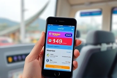 Hand holding phone with travel app, affordable journey concept.