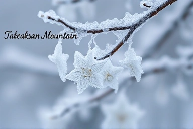 Close-up of delicate frost flowers on mountain branches