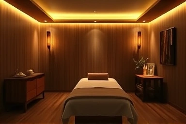 Serene Thai massage room with soft lighting and natural wood