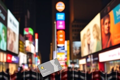 Vibrant Times Square at night with hotel key card.