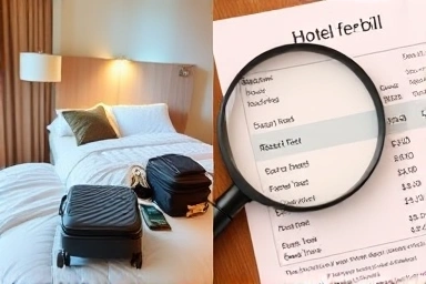 Hotel room comfort contrasted with scrutiny of fees.
