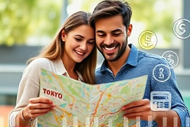 Couple planning budget Tokyo trip joyfully.