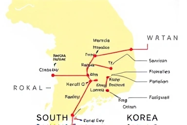 Stylized South Korea travel map with train routes