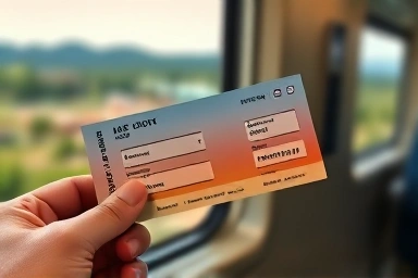Hand holding a stylized train ticket with scenic view
